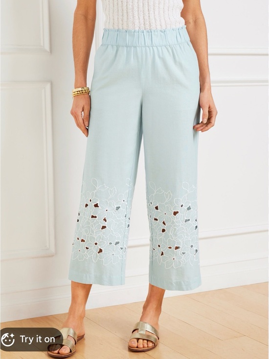Talbots Pants - TALBOTS linen blend lightweight robin egg blue floral lace crop Culotte pants XL